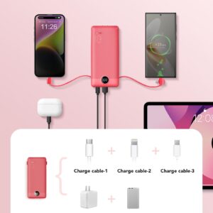 VRURC Portable Charger Built-in Cables and AC Wall Plug, USB C Power Bank 10000mAh, [2023 Upgraded Version] Phone Charger Compact Lightweight External Battery Pack for Smart Phones, Tablets etc-Red