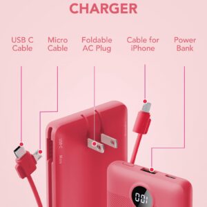 VRURC Portable Charger Built-in Cables and AC Wall Plug, USB C Power Bank 10000mAh, [2023 Upgraded Version] Phone Charger Compact Lightweight External Battery Pack for Smart Phones, Tablets etc-Red