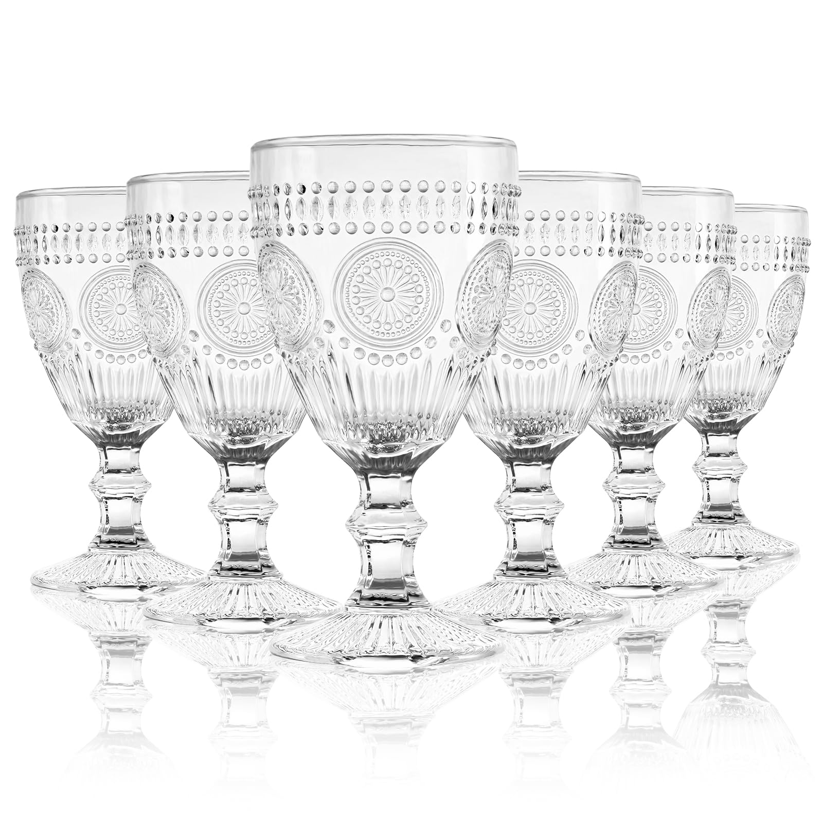 Wongblee Vintage Glass Goblets 11.8 Oz, Stemmed Wine Glasses, Embossed Drinking Glasses for Wine, Water, Juice, Beverage, Set of 6 (Style-B)