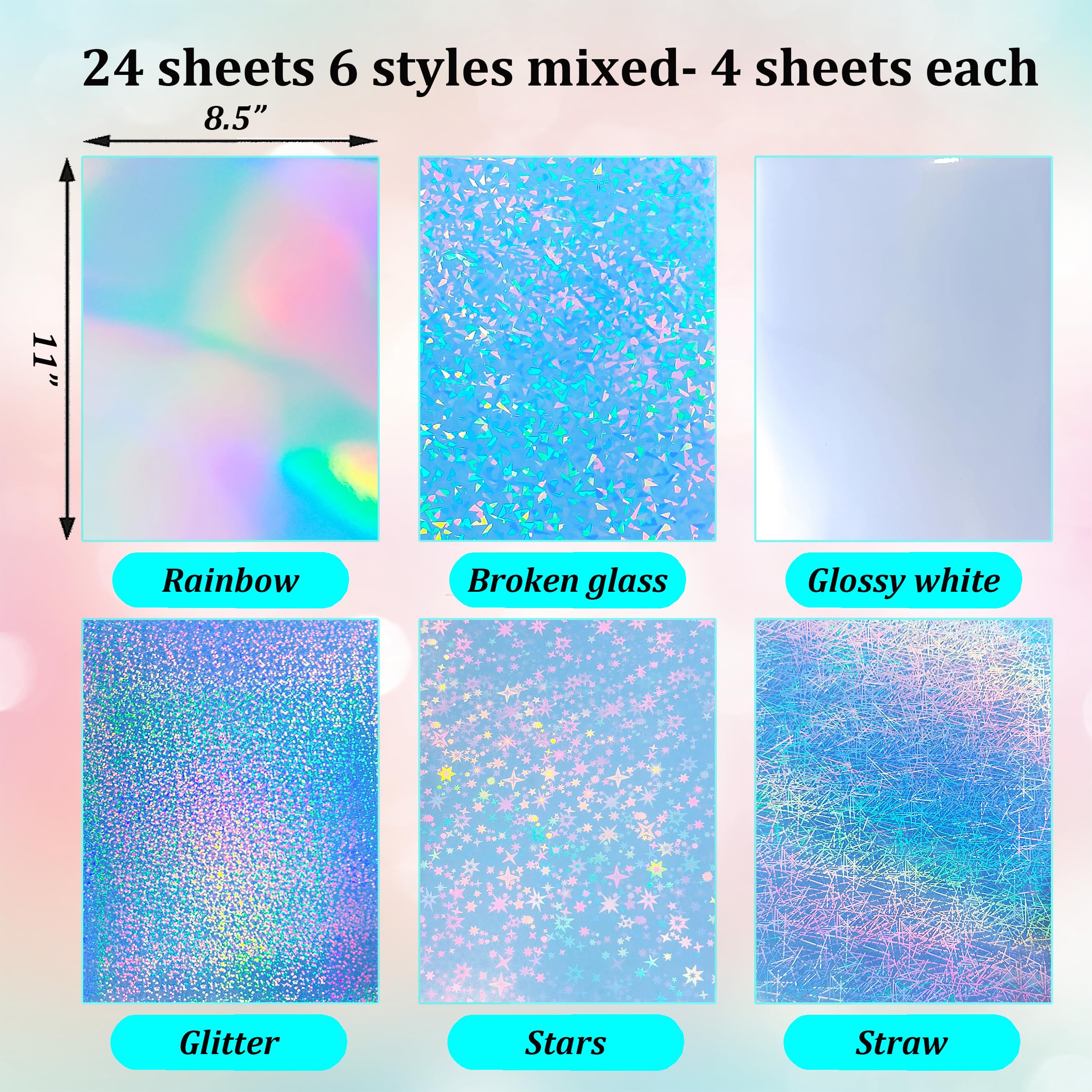 Bleidruck 24 Sheets Printable Holographic Sticker Paper 8.5x 11 inch Vinyl Sticker Paper Rainbow Waterproof Sticker Labels 6 Mixed Style for Inkjet or Laser Printer