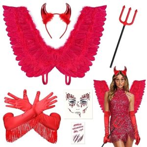 movinpe red devil halloween costume accessories set, infernal feather wings devil horns headband trident self adhesive face gems jewels wound tattoos for girls woman cosplay party