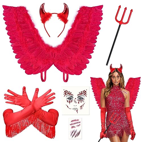 MOVINPE Red Devil Halloween Costume Accessories Set, Infernal Feather Wings Devil Horns Headband Trident Self Adhesive Face Gems Jewels Wound Tattoos for Girls Woman Cosplay Party