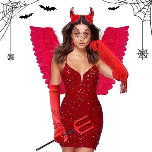 MOVINPE Red Devil Halloween Costume Accessories Set, Infernal Feather Wings Devil Horns Headband Trident Self Adhesive Face Gems Jewels Wound Tattoos for Girls Woman Cosplay Party