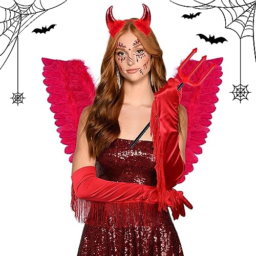 MOVINPE Red Devil Halloween Costume Accessories Set, Infernal Feather Wings Devil Horns Headband Trident Self Adhesive Face Gems Jewels Wound Tattoos for Girls Woman Cosplay Party