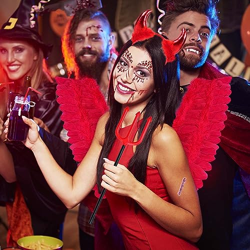 MOVINPE Red Devil Halloween Costume Accessories Set, Infernal Feather Wings Devil Horns Headband Trident Self Adhesive Face Gems Jewels Wound Tattoos for Girls Woman Cosplay Party