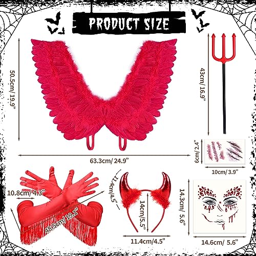 MOVINPE Red Devil Halloween Costume Accessories Set, Infernal Feather Wings Devil Horns Headband Trident Self Adhesive Face Gems Jewels Wound Tattoos for Girls Woman Cosplay Party