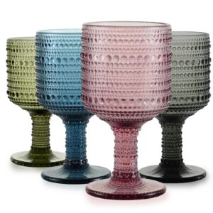 wongblee vintage stemmed wine glasses 10 oz, hobnail glass goblets, colored drinking glasses for dining table, party, bar