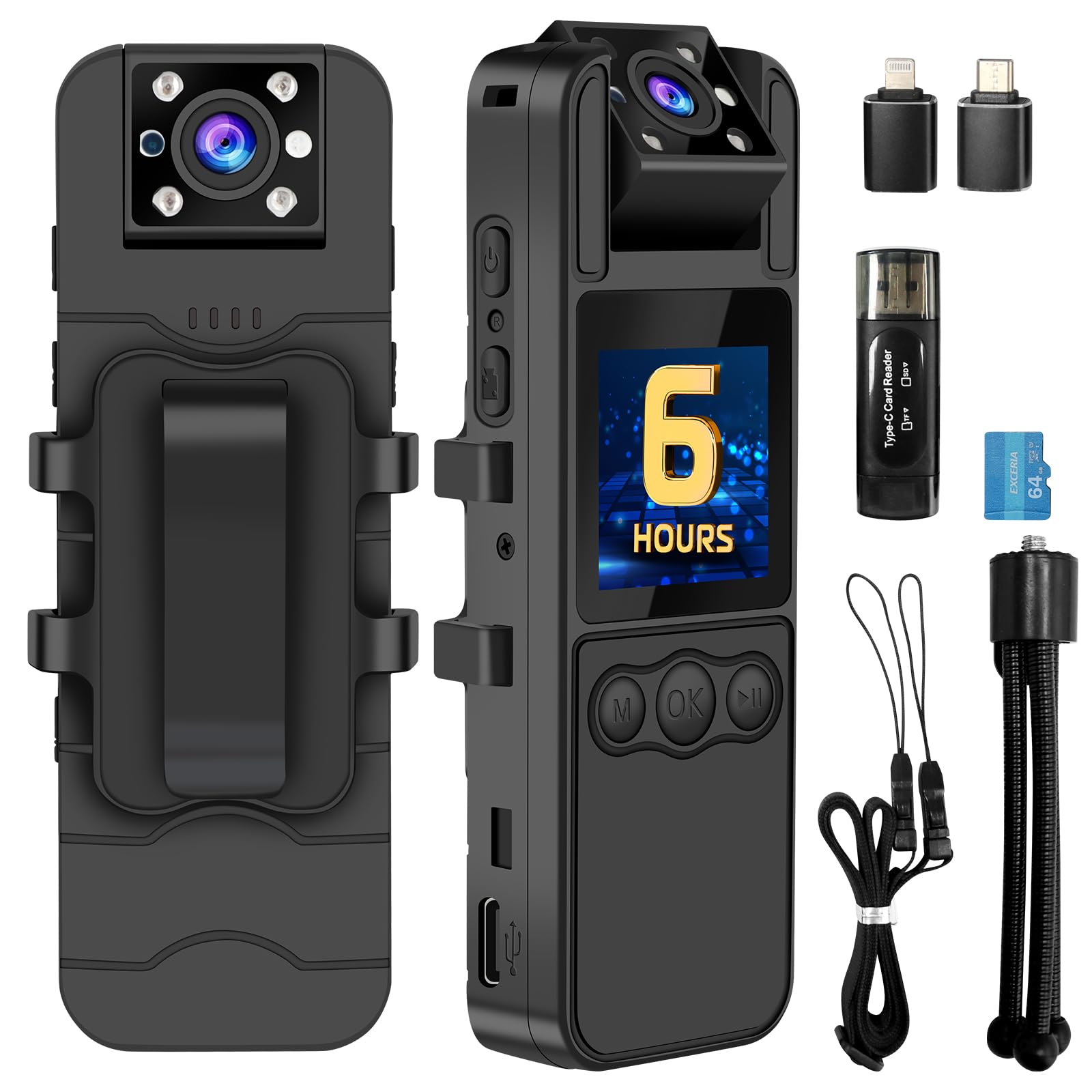 Sixmou Body Camera with Audio and Video Recording, 6 Hours HD 1296P Body Cam with 180° Rotating Lens, Night Vision, 64G B9 Body Worn Camcorder, Personal Travel, Walking, Police Law Enforcement