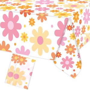 augisteen groovy daisy tablecloth plastic boho flowers table covers retro hippies flower disposable rectangle tablecloths for 70s boho birthday baby shower wedding party 54 x 108 inch, 2 pcs