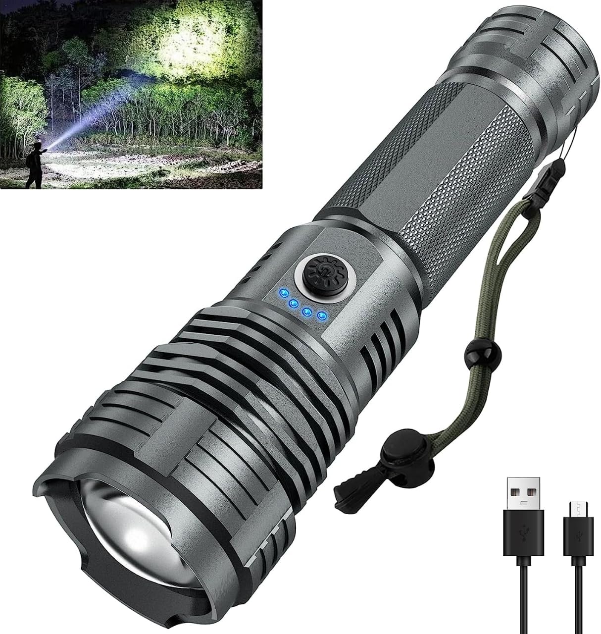 Bailinghai 200000 Lumen Super Bright Rechargeable Flashlight, XHP90.8 LED Chip, 5 Lighting Modes, 5000mAh Battery, IPX6 Waterproof, Digital Display, Durable Use, Easy to Carry, Impact Resistant