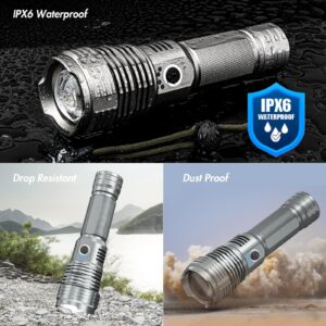 Bailinghai 200000 Lumen Super Bright Rechargeable Flashlight, XHP90.8 LED Chip, 5 Lighting Modes, 5000mAh Battery, IPX6 Waterproof, Digital Display, Durable Use, Easy to Carry, Impact Resistant