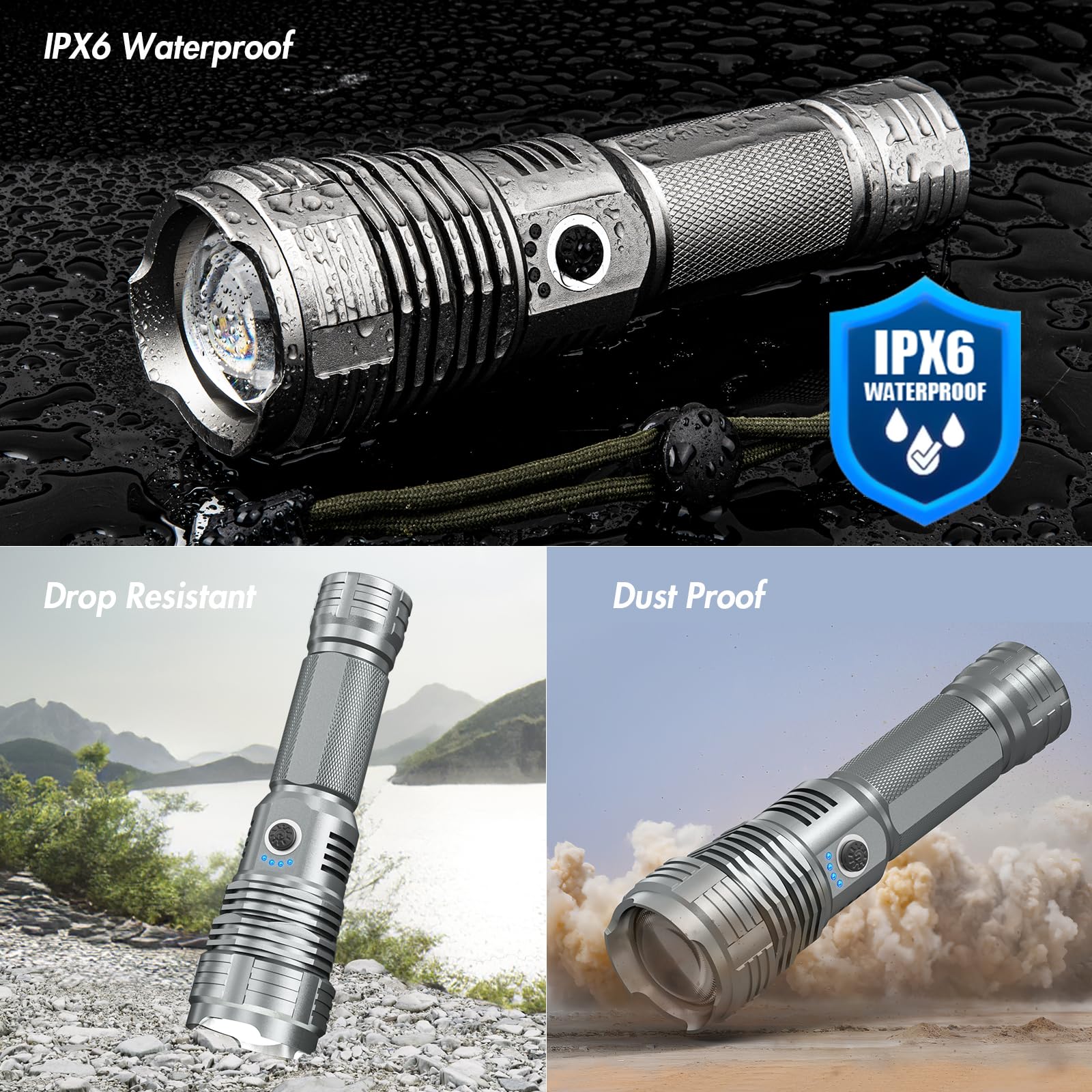 Bailinghai 200000 Lumen Super Bright Rechargeable Flashlight, XHP90.8 LED Chip, 5 Lighting Modes, 5000mAh Battery, IPX6 Waterproof, Digital Display, Durable Use, Easy to Carry, Impact Resistant