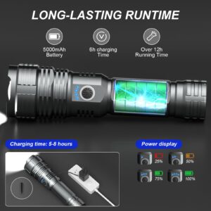 Bailinghai 200000 Lumen Super Bright Rechargeable Flashlight, XHP90.8 LED Chip, 5 Lighting Modes, 5000mAh Battery, IPX6 Waterproof, Digital Display, Durable Use, Easy to Carry, Impact Resistant