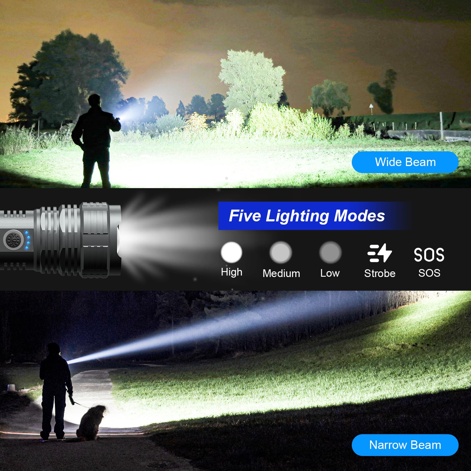 Bailinghai 200000 Lumen Super Bright Rechargeable Flashlight, XHP90.8 LED Chip, 5 Lighting Modes, 5000mAh Battery, IPX6 Waterproof, Digital Display, Durable Use, Easy to Carry, Impact Resistant