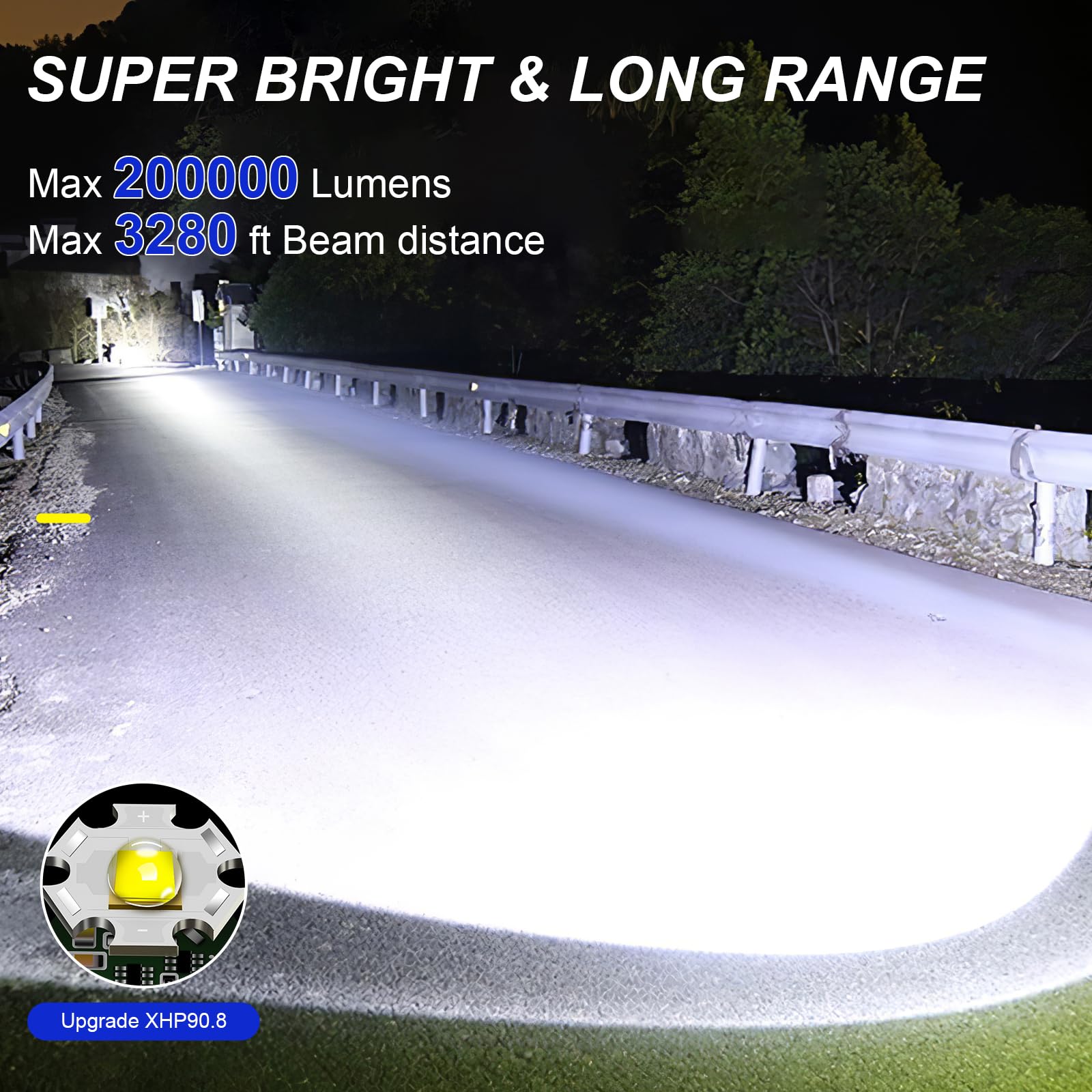 Bailinghai 200000 Lumen Super Bright Rechargeable Flashlight, XHP90.8 LED Chip, 5 Lighting Modes, 5000mAh Battery, IPX6 Waterproof, Digital Display, Durable Use, Easy to Carry, Impact Resistant