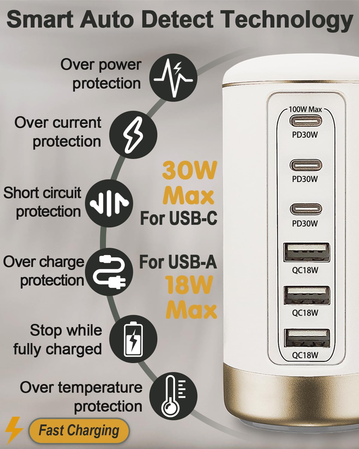 100W USB C Charger for Multiple Devices,6-Port 30W USB-C & 18W USB Ports- Compact, Space-Saving Design Fast Charging Tower for iPhone, Galaxy,Pixel, iPad, Watches,Home Office Use