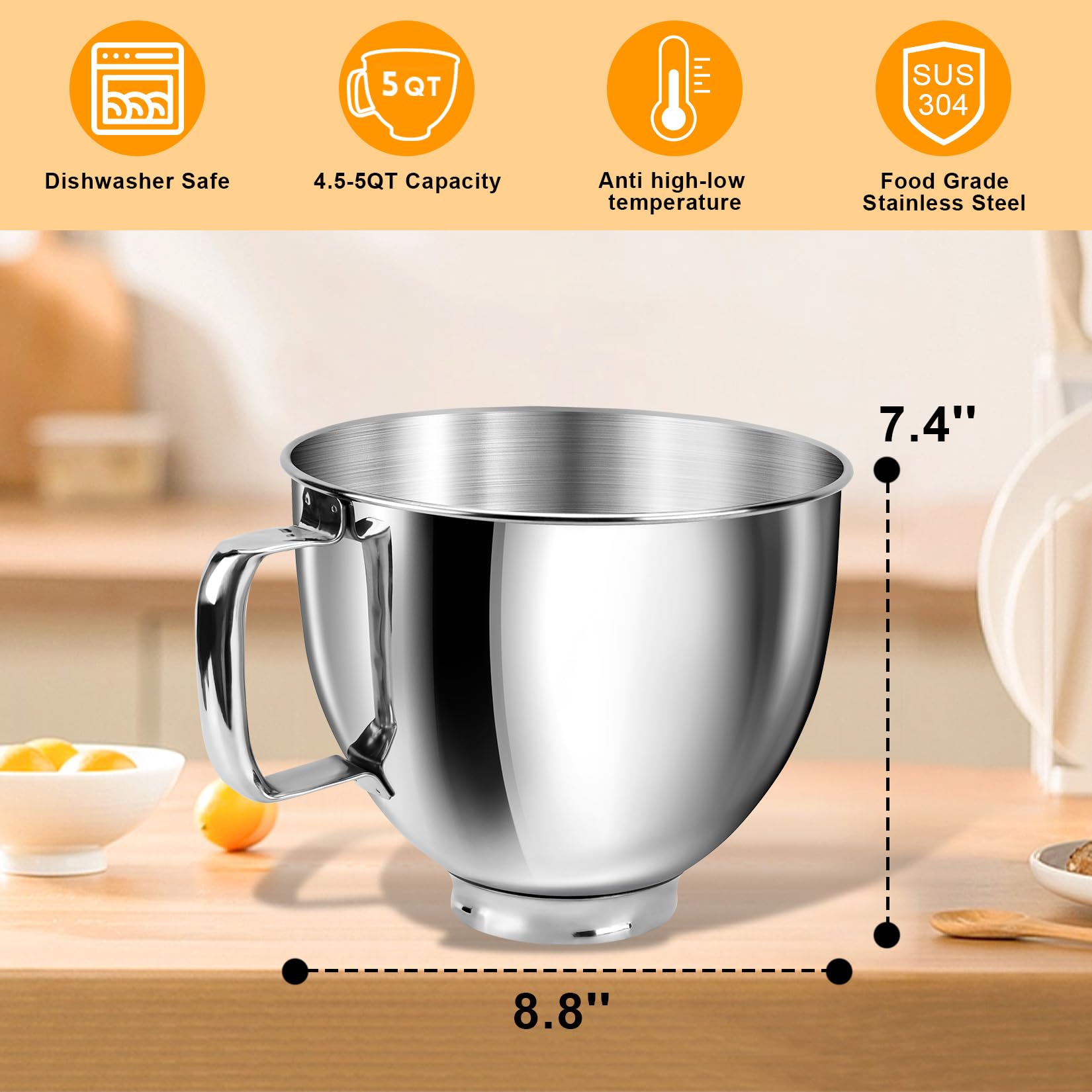 JEASOM 5QT Mixer Bowl for KitchenAid Stand Mixers, 304 Stainless Steel Mixing Bowl Replace for KitchenAid Classic&Artisan 4.5/5QT Tilt-Head Mixer, Non-Slip Handle Designed for Kitchen Aid Mixers Bowl