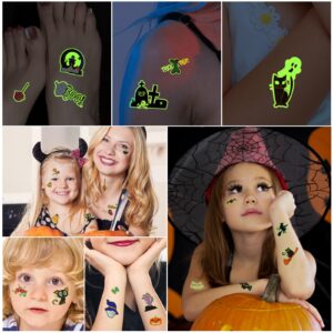 124 Pcs Halloween Temporary Tattoos Glow In Dark For Kids, Waterproof Glowing Luminous Fake Tattoo Stickers for Halloween Party, Jack-O-Lantern, Witch, Ghost Realistic Tattoo Sticker For Boy And Girls