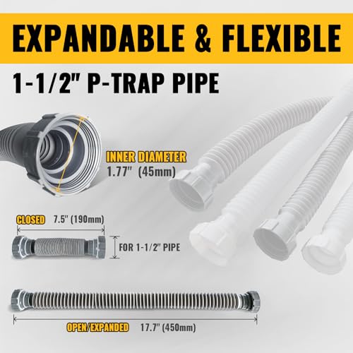 VIVIDA Sink Drain Pipe 1-1/2 inch, Flexible Sink Drain Pipe, 7.5"-17.7" Expandable Flexible P Trap for Bathroom Sink and Kitchen Sink, 1-1/4" Adapter Included, 1 PACK