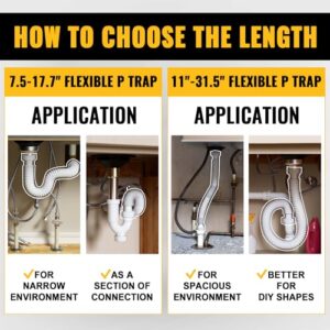 VIVIDA Sink Drain Pipe 1-1/2 inch, Flexible Sink Drain Pipe, 7.5"-17.7" Expandable Flexible P Trap for Bathroom Sink and Kitchen Sink, 1-1/4" Adapter Included, 1 PACK