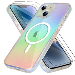 bonoma for iphone 14 case magnetic 【support for magsafe】 bling laser florescent iridescent crystal luxury case camera protector + 2* screen protector shockproof edge cover case -clear