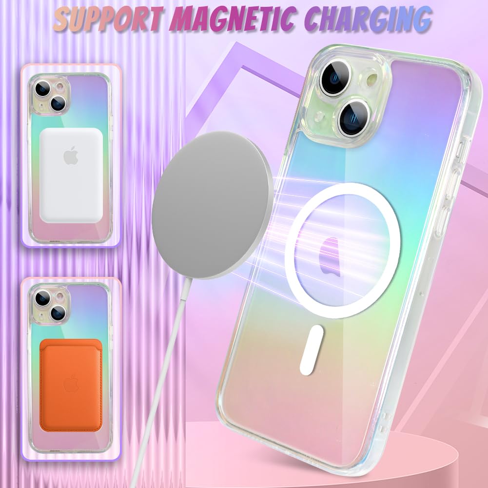 Bonoma for iPhone 14 Case Magnetic 【Support for MagSafe】 Bling Laser Florescent Iridescent Crystal Luxury Case Camera Protector + 2* Screen Protector Shockproof Edge Cover Case -Clear