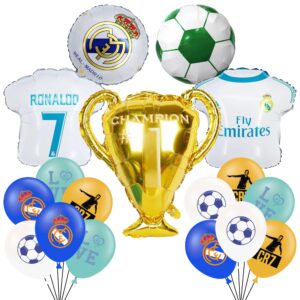 soccer theme birthday party supplies include 12pcs latex balloons, 5pcs foil balloons, real madrid cf theme balloons for party decorations, cristiano ronaldo birthday party favors