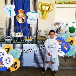 Soccer Theme Birthday Party Supplies Include 12pcs Latex Balloons, 5pcs Foil Balloons, Real Madrid CF Theme Balloons for Party Decorations, Cristiano Ronaldo Birthday Party Favors