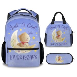 fuzzyfit bear backpacks for girls, 16 inch cute print backpack for school, purple lightweight bookbag for travel