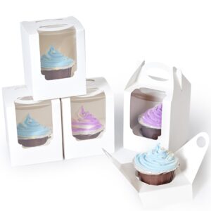 shallive cupcake boxes 50pcs, individual cupcake containers white with window insert and handle, pastry box single muffins holder disposable for bakery wrapping party favor packaging