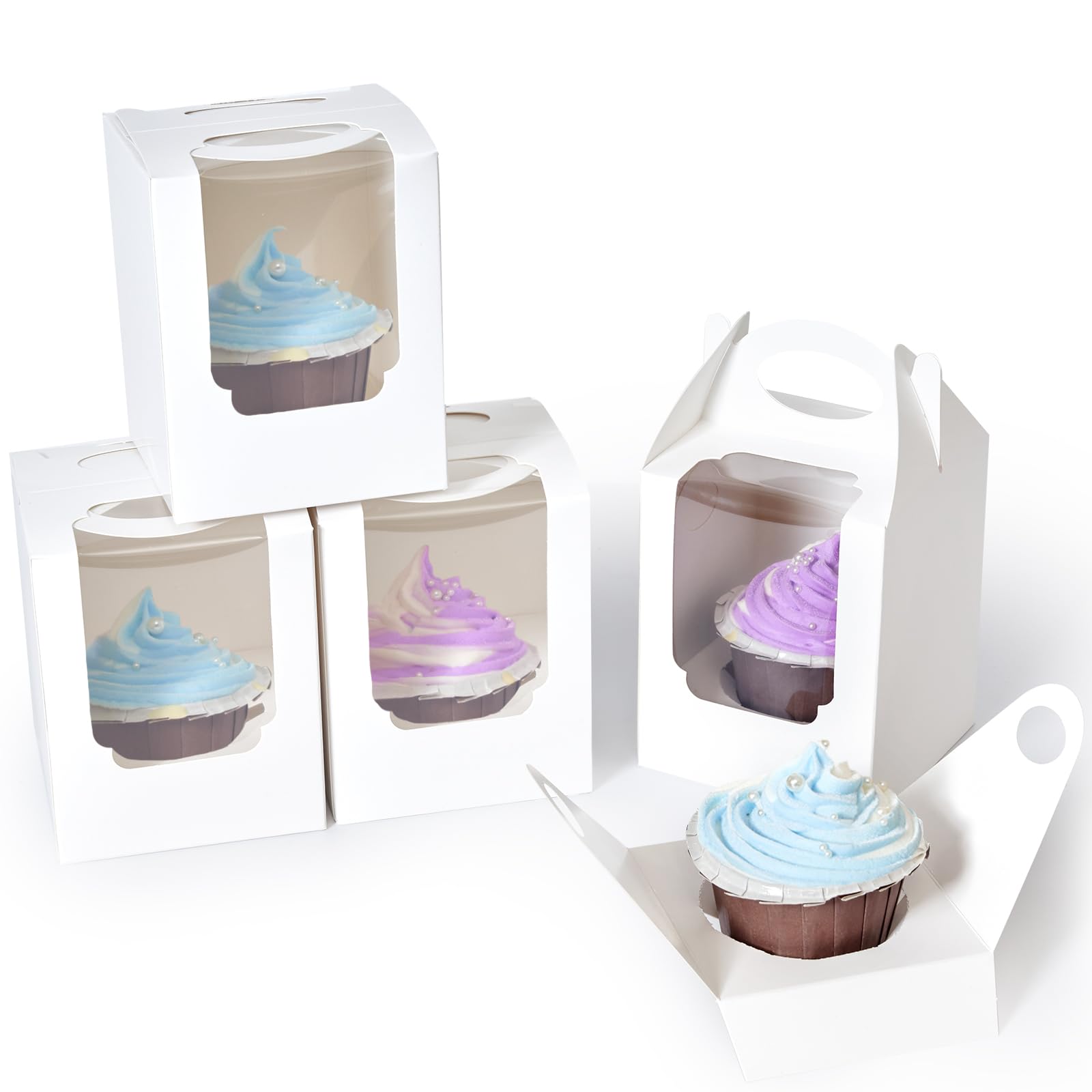 Shallive Cupcake Boxes 50pcs, Individual Cupcake Containers White with Window Insert and Handle, Pastry Box Single Muffins Holder Disposable for Bakery Wrapping Party Favor Packaging