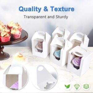 Shallive Cupcake Boxes 50pcs, Individual Cupcake Containers White with Window Insert and Handle, Pastry Box Single Muffins Holder Disposable for Bakery Wrapping Party Favor Packaging