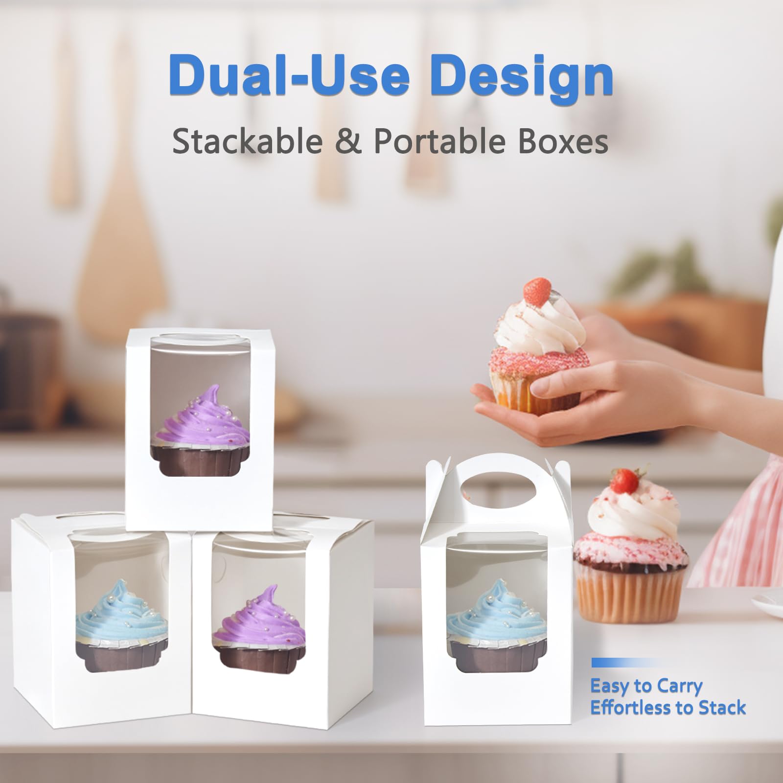 Shallive Cupcake Boxes 50pcs, Individual Cupcake Containers White with Window Insert and Handle, Pastry Box Single Muffins Holder Disposable for Bakery Wrapping Party Favor Packaging