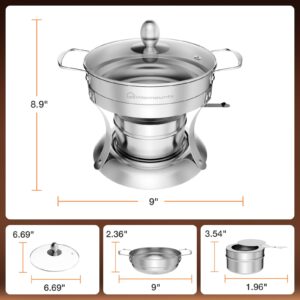 WARMOUNTS 1QT Chafing Dish Buffet Set 4 Pack, Individual Single Shabu Hot Pot, Stainless Steel, Glass Lid, Mini Round Chafing Dishes for Buffet for Dinner, Parties, Wedding, Camping, Events