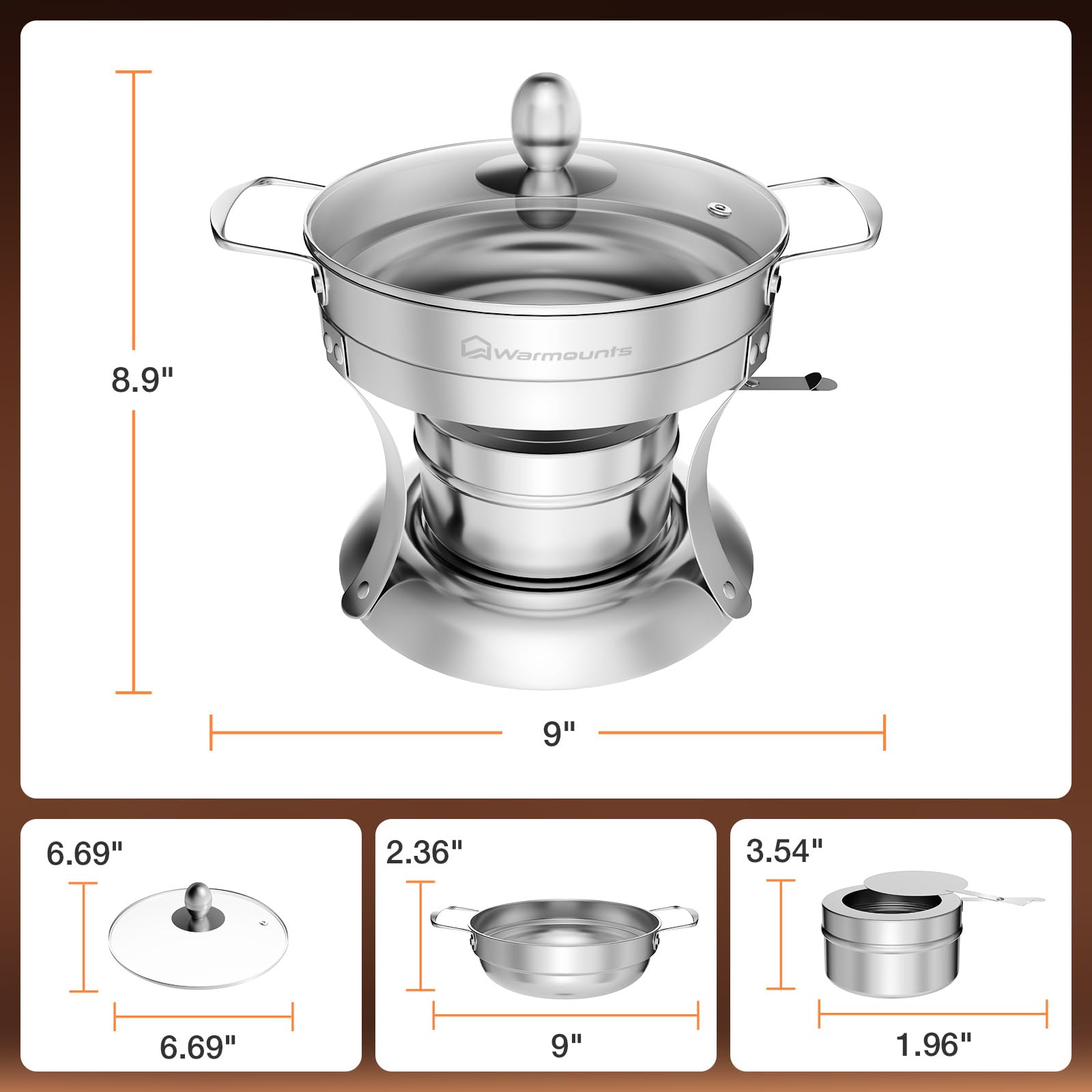 WARMOUNTS 1QT Chafing Dish Buffet Set 4 Pack, Individual Single Shabu Hot Pot, Stainless Steel, Glass Lid, Mini Round Chafing Dishes for Buffet for Dinner, Parties, Wedding, Camping, Events