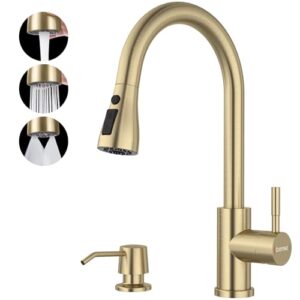 dayone champagne gold kitchen faucet with soap dispenser, brushed gold kitchen sink faucet with pull down sprayer 3 modes, gold stainless steel faucet for 2 holes kitchen sink, day-cr0016