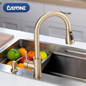 DAYONE Champagne Gold Kitchen Faucet with Soap Dispenser, Brushed Gold Kitchen Sink Faucet with Pull Down Sprayer 3 Modes, Gold Stainless Steel Faucet for 2 Holes Kitchen Sink, DAY-CR0016