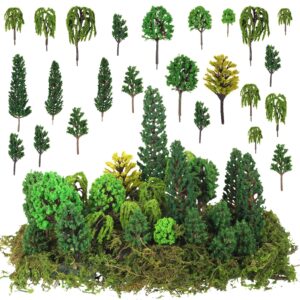 tigeen 28 pcs model trees 1.6-6.3 inch mixed model with 1.4 ounce faux green moss decor tree train scenery architecture trees for diy crafts, building model, scenery landscape (natural green)