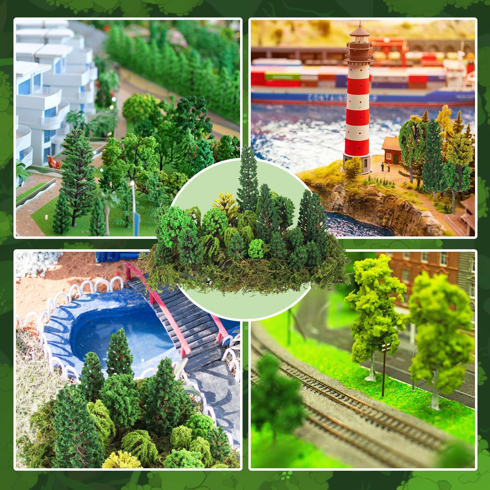 Tigeen 28 Pcs Model Trees 1.6-6.3 inch Mixed Model with 1.4 Ounce Faux Green Moss Decor Tree Train Scenery Architecture Trees for DIY Crafts, Building Model, Scenery Landscape (Natural Green)