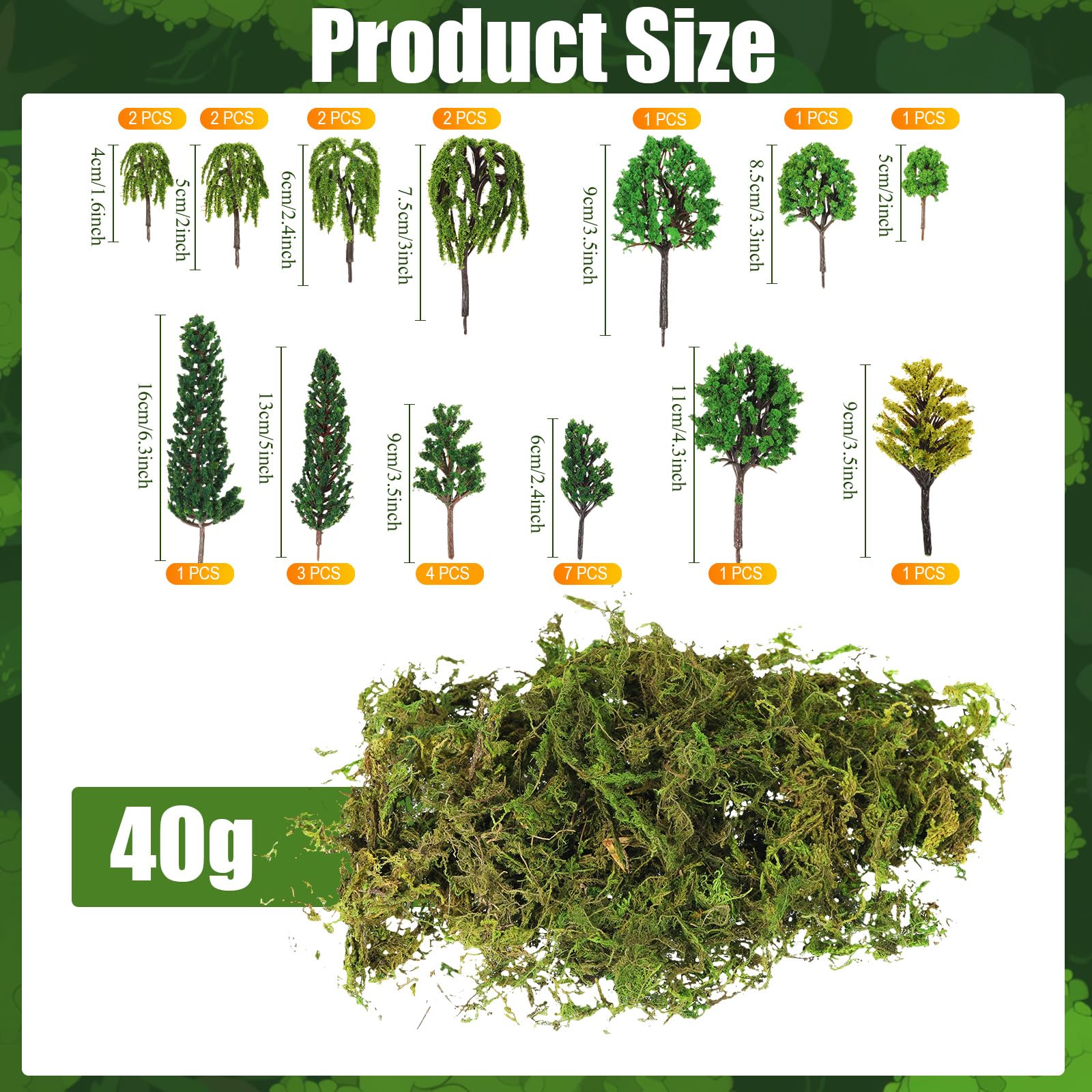 Tigeen 28 Pcs Model Trees 1.6-6.3 inch Mixed Model with 1.4 Ounce Faux Green Moss Decor Tree Train Scenery Architecture Trees for DIY Crafts, Building Model, Scenery Landscape (Natural Green)