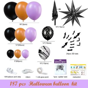 187pcs Halloween Balloon Garland Arch Kit, Halloween Decorations Party Supplies, Large Size Halloween Balloon Garland with Halloween 3D Bat Sticker, Halloween Spider Web