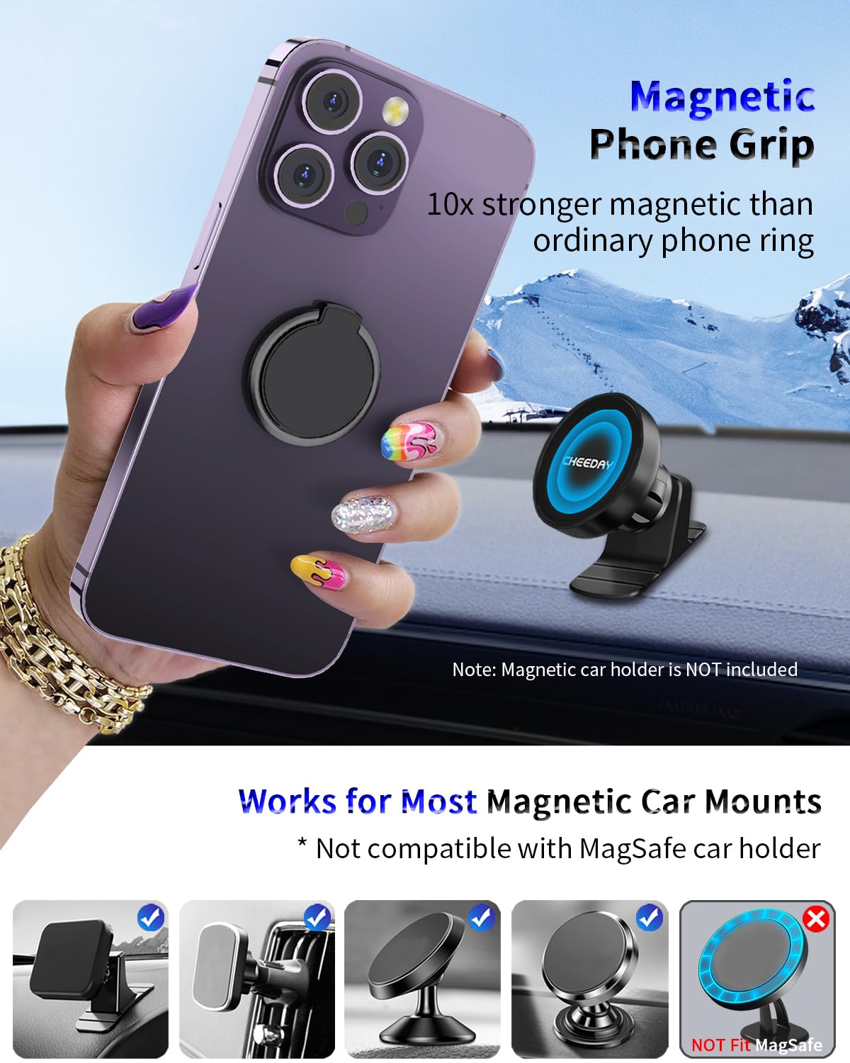 CHEEDAY Magnetic Phone Ring Grip, [4 Strong Magnets] Gym Finger Ring Holder 360° Rotation for Magnetic Car Mount, Metal Plate, Compatible with iPhone 15 14 13 12 Pro Max, All Smartphones, Black