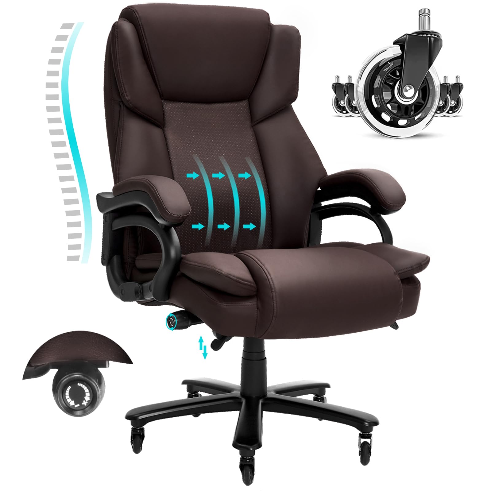 Indulgear Big and Tall Office Chair,500lbs Capacity Heavy Duty Office Chair for Heavy People, Executive Office Chair with Adjustable Lumbar Support, Thick Padded Chair with Quiet Rubber Wheel