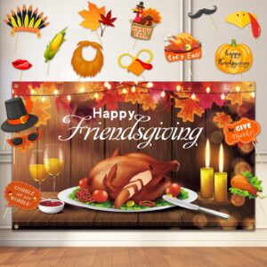 friendsgiving backdrop, friendsgiving party decorations photography backdrop with photo booth props 16 pcs, happy friendsgiving banner decorations thanksgiving banner for thanksgiving party decor