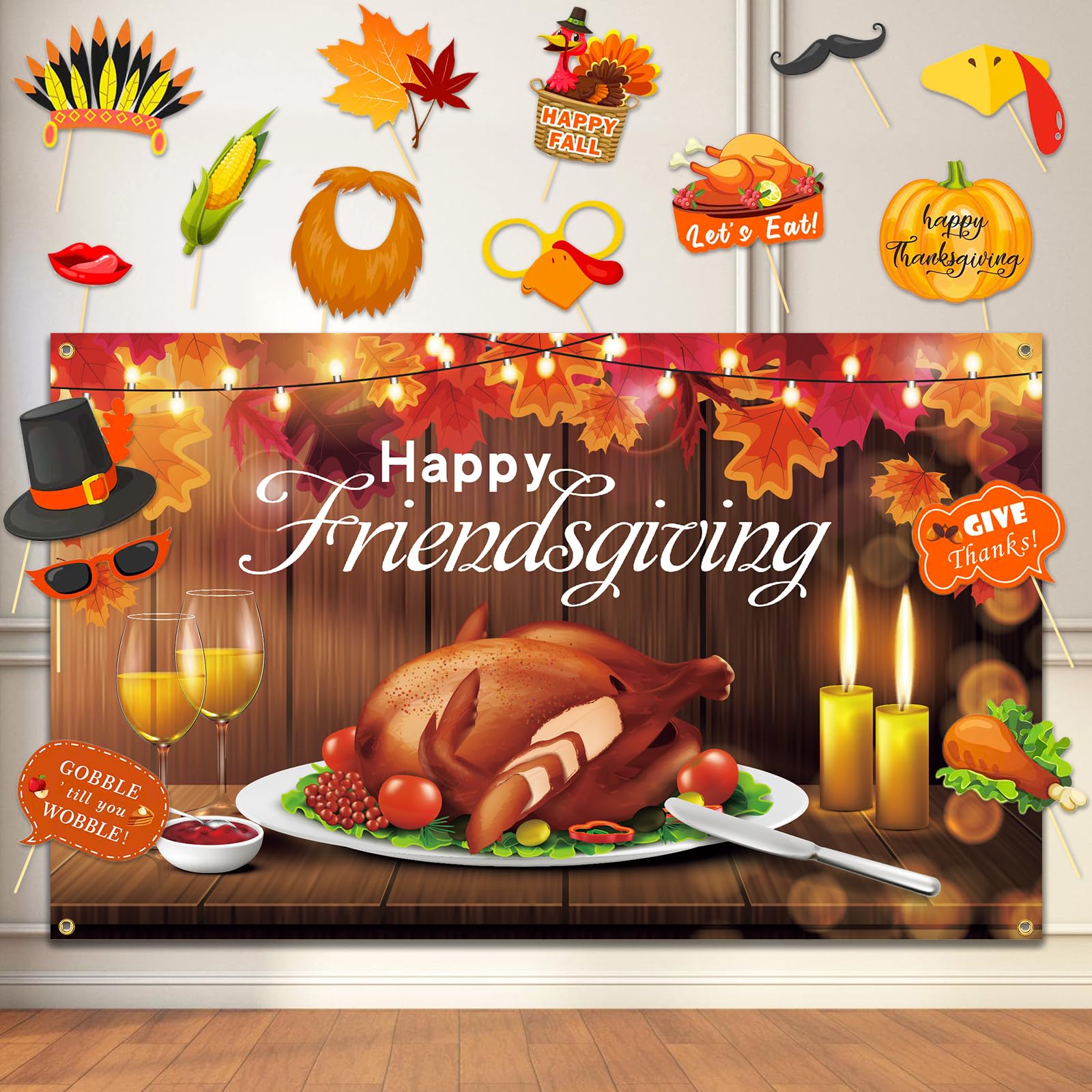 Friendsgiving Backdrop, Friendsgiving Party Decorations Photography Backdrop with Photo Booth Props 16 Pcs, Happy Friendsgiving Banner Decorations Thanksgiving Banner for Thanksgiving Party Decor