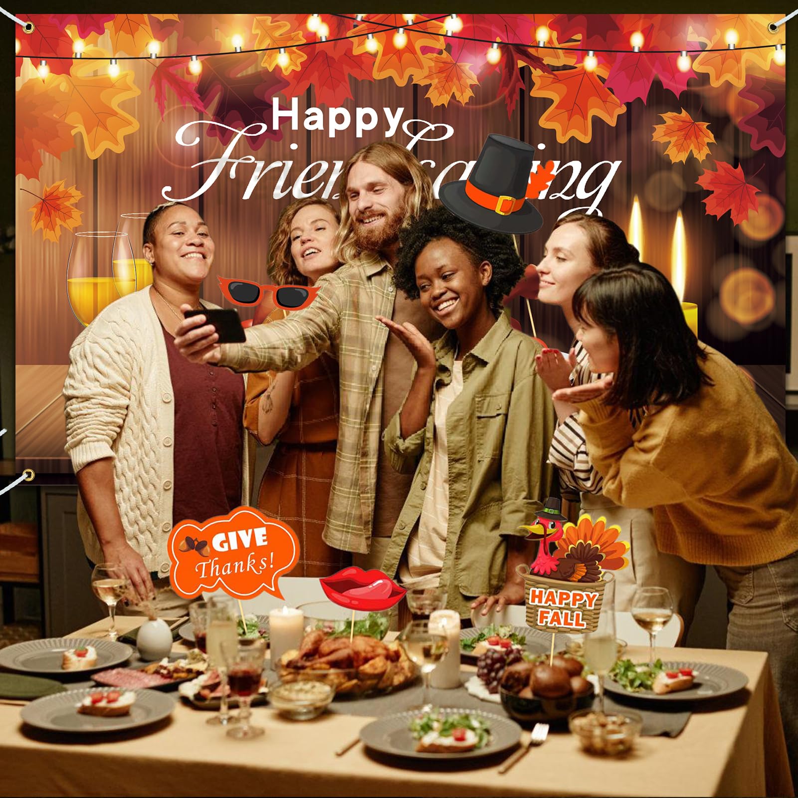 Friendsgiving Backdrop, Friendsgiving Party Decorations Photography Backdrop with Photo Booth Props 16 Pcs, Happy Friendsgiving Banner Decorations Thanksgiving Banner for Thanksgiving Party Decor