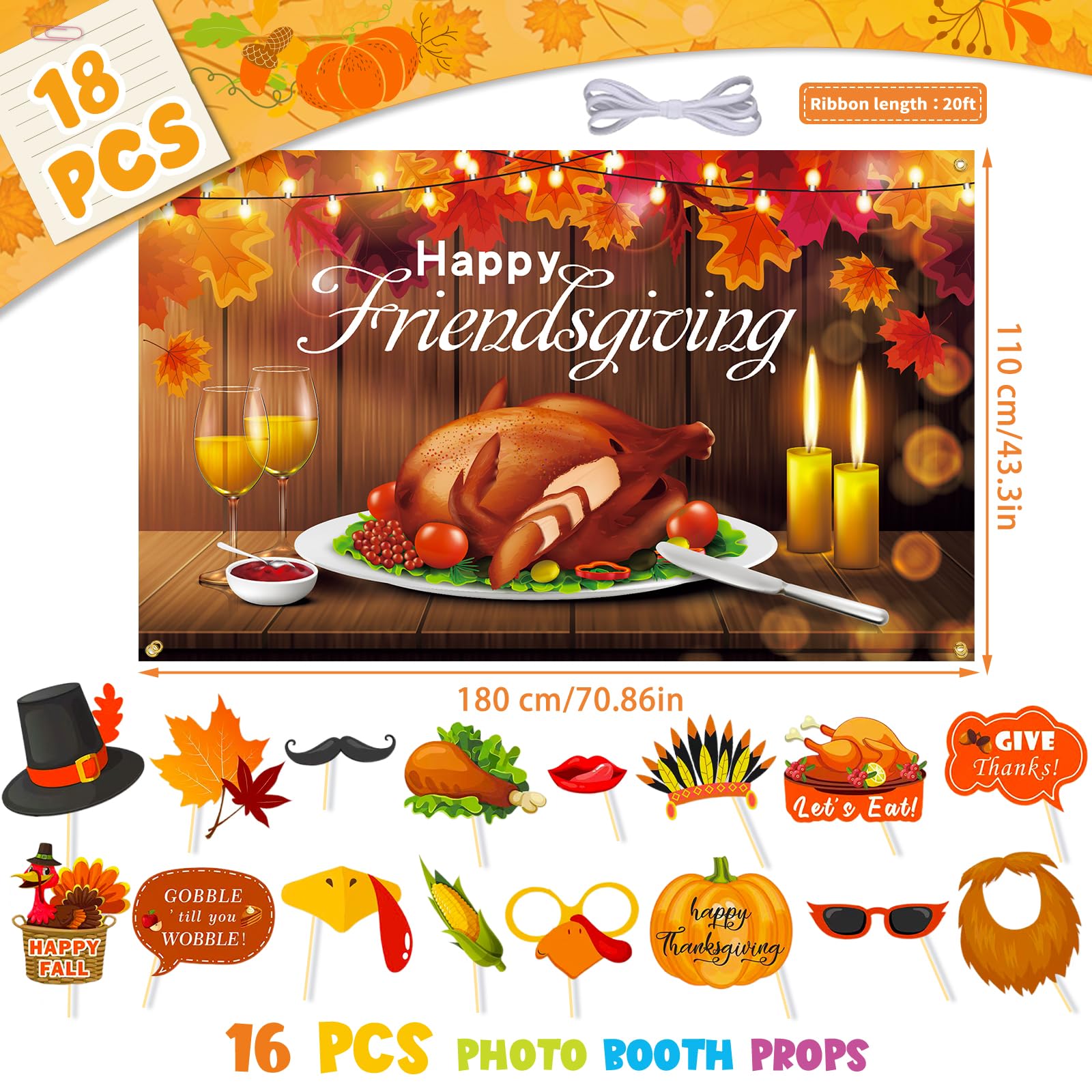 Friendsgiving Backdrop, Friendsgiving Party Decorations Photography Backdrop with Photo Booth Props 16 Pcs, Happy Friendsgiving Banner Decorations Thanksgiving Banner for Thanksgiving Party Decor