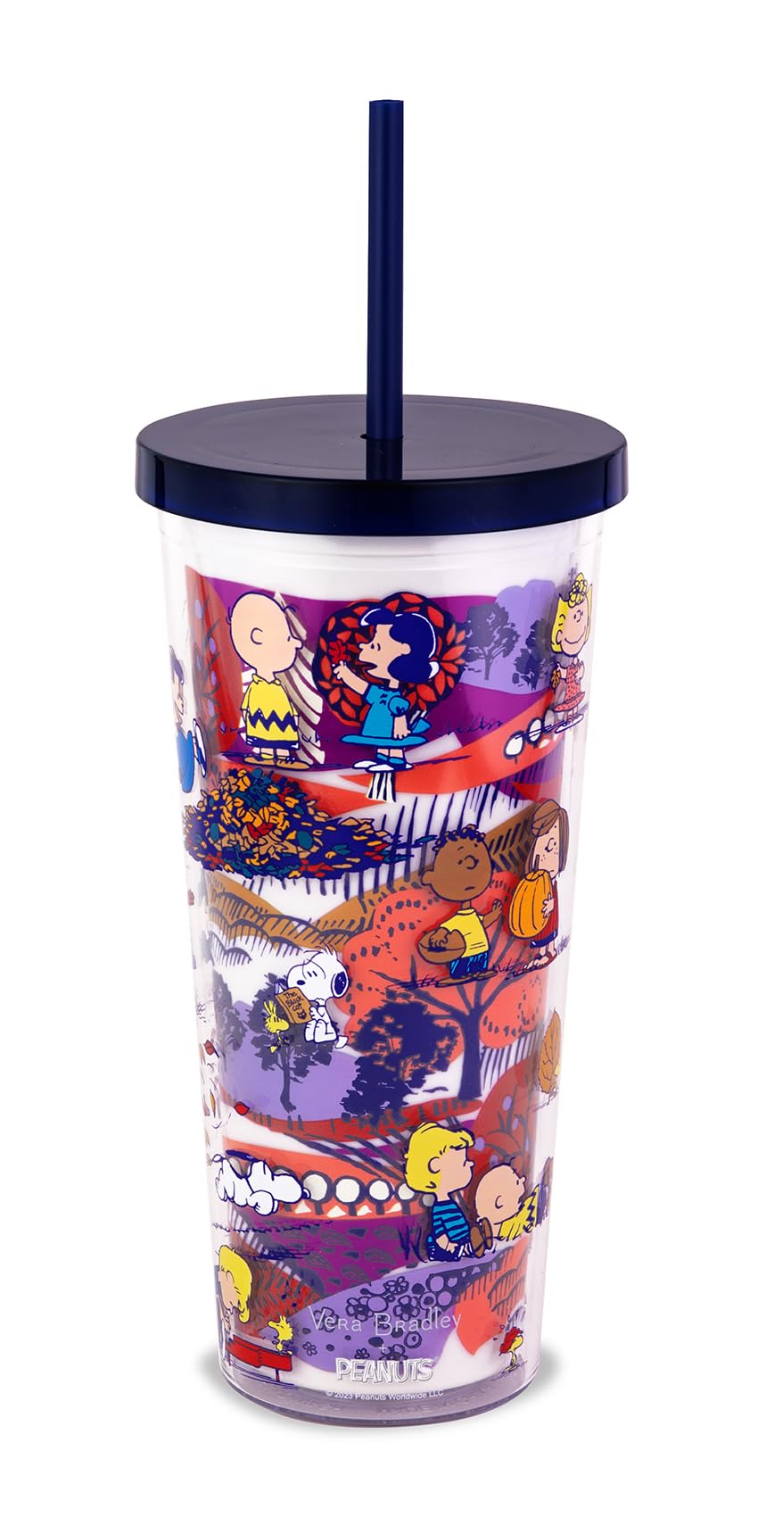 Vera Bradley Travel Tumbler with Lid and Straw, 24 Ounce Insulated Cup, Plastic Double Wall Tumbler (Fall For Peanuts)