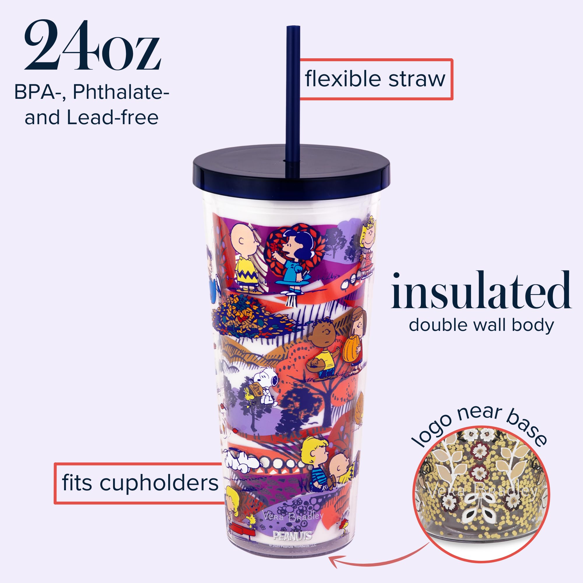 Vera Bradley Travel Tumbler with Lid and Straw, 24 Ounce Insulated Cup, Plastic Double Wall Tumbler (Fall For Peanuts)