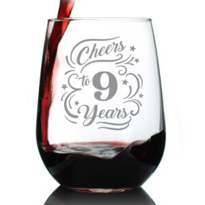 cheers to 9 years - stemless wine glass gifts for women & men - 9th anniversary party decor - large 17 oz glasses